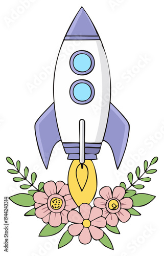 Cute cartoon rocket ship taking off from a bouquet of pink pastel flowers