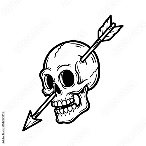 Skull with Arrow Through It - Black and White Illustration.