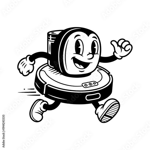 Retro Robot Vacuum Cleaner Character Running Happily.