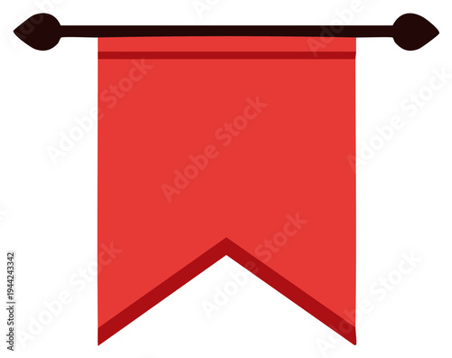Vibrant red pennant style banner on a dark pole with ornate ends isolated vector illustration