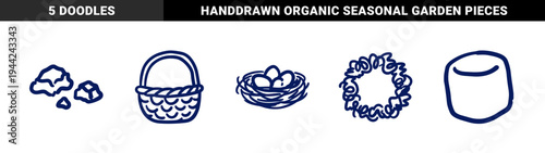 Hand-drawn rustic nest and woven basket elements for seasonal spring branding. Naive marker sketch illustrations featuring organic textures and shapes.