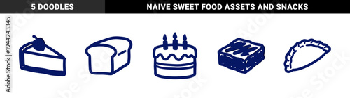 Hand-drawn bakery and dessert elements for organic branding. Rustic, naive marker sketch illustrations featuring cake, bread, and pastry concepts.