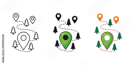 Minimalist Map Location Icons with Forest Paths Set - Minimalist, flat icon, outline, glyph, linear, clipart, sticker - Vector icon set - Glyph icon