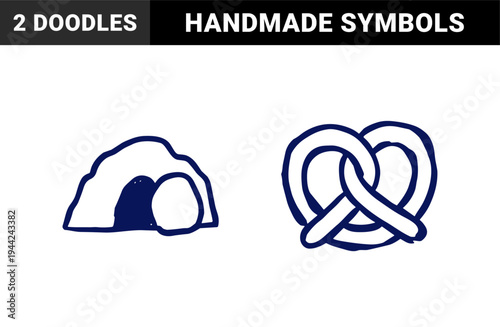 Hand-drawn religious and cultural symbols featuring an open tomb and traditional pretzel. Rustic blue marker sketch on white background.