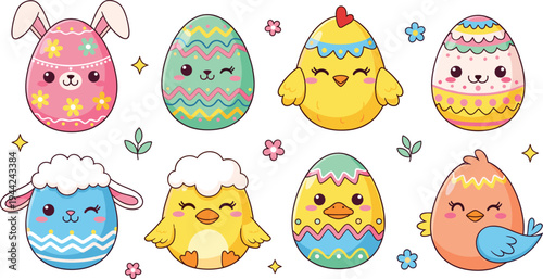 Cute Easter Egg Characters and Chicks Cartoon Collection Colorful Spring Holiday Bunny Lamb Vector Illustration Set