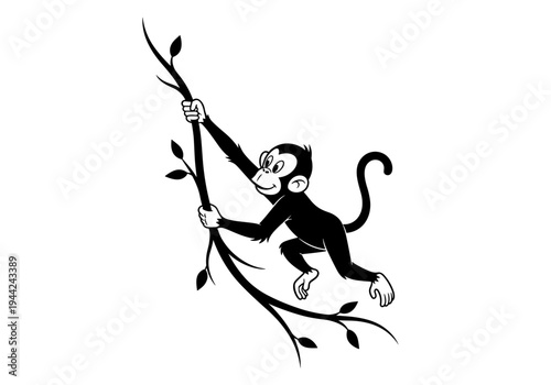 Cartoon Monkey Swinging on a Tree Branch.