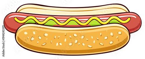 Vibrant cartoon hot dog in a sesame bun topped with wavy yellow mustard and green relish street food