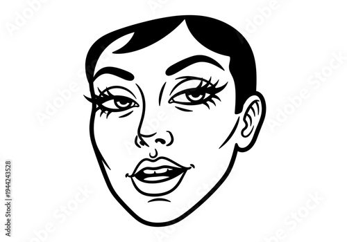 Close-up of a womans face with expressive eyes and short dark hair.