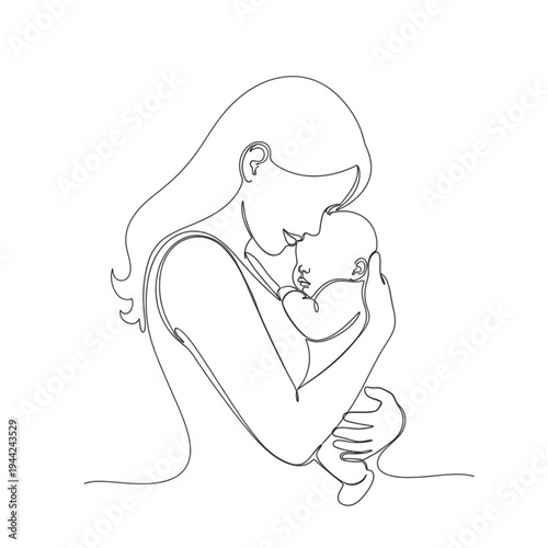Mother Holding Baby Closeup Line Art.