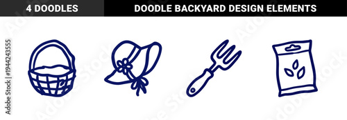 Rustic hand-drawn gardening elements for organic brand identity. Naive marker sketch illustrations featuring sun hat, basket, hand fork, and seed packet.