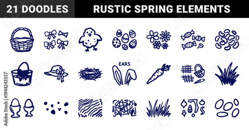 Hand-drawn Easter holiday doodles and spring celebration elements. Rustic naive marker sketch illustrations featuring eggs, bunnies, and garden motifs.