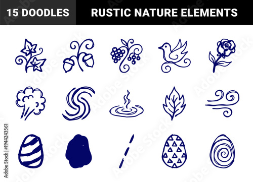Hand-drawn nature and spring elements in naive marker style. Rustic doodle illustrations featuring acorns, roses, berries, birds, and wind swirls.