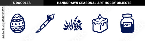 Hand-drawn Easter and artistic hobby elements in a naive doodle style. Rustic marker sketch illustrations featuring decorated egg, spring grass, and calligraphy tools.