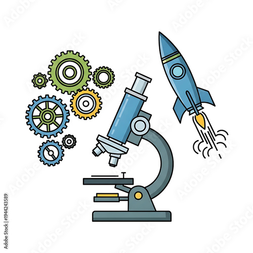 Microscope and Rocket with Gears Nearby.
