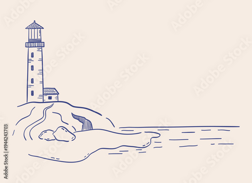 Hand-drawn sketch lighthouse on seashore. Whimsical doodle coastal summer landscape. Minimal line art shore scene background. Vector silhouette