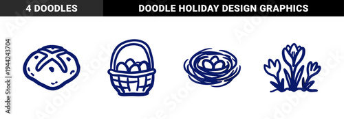Easter holiday traditions and spring season elements in a rustic hand-drawn doodle style. Naive marker sketch of bread, nest, basket, and crocus.