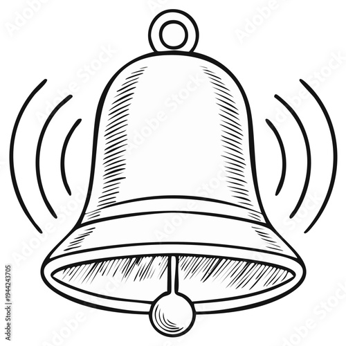Black and white hand drawn bell ringing with sound waves, line art illustration.