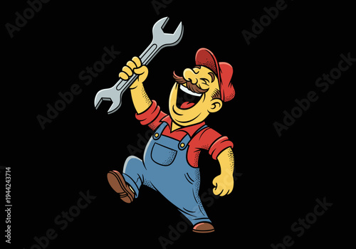 Happy Plumber Character Holding a Wrench Up High.