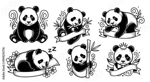 Adorable Panda Bears in Various Poses with Decorative Elements and Ribbons.