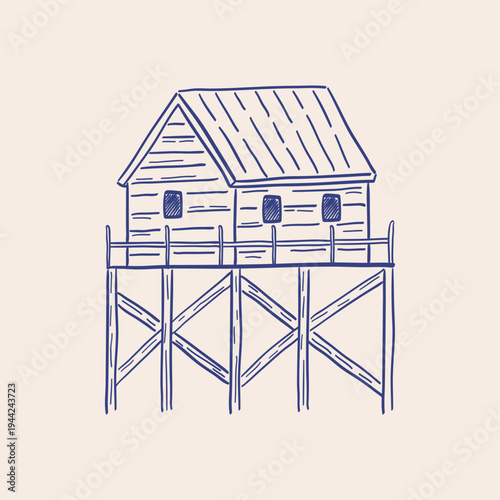 Hand-drawn sketch beach house on wooden stilts. Whimsical doodle coastal summer home landscape. Minimal line art bungalow drawing. Vector silhouette