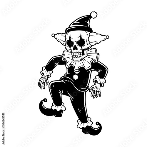 Scary Skeleton Jester Character in Black and White.