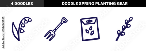 Hand-drawn spring gardening elements and botanical sketches for organic brand identity. Rustic, naive marker doodle illustrations featuring horticulture and planting concepts.