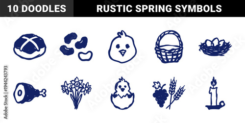 Hand-drawn Easter holiday elements and spring celebration symbols. Rustic naive marker sketch featuring chick, nesting eggs, and hot cross bun.