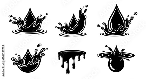 Set of Black Ink Splashes and Drops Illustrations.