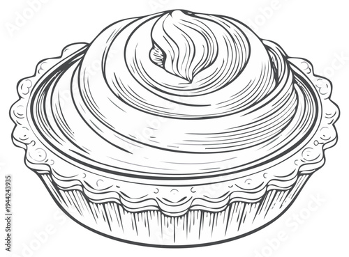 Drawing of a Delicious pie Filled with Creamy Topping Isolated on White Background