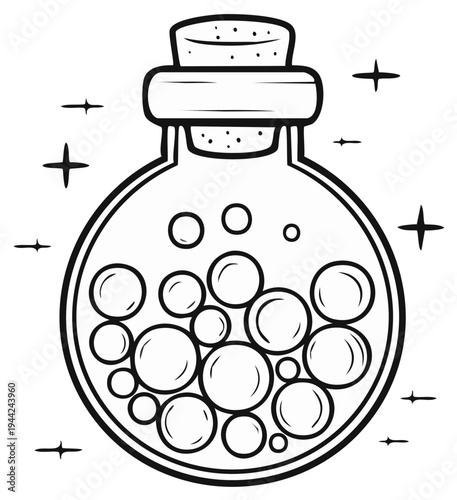 Cartoon Magic Potion Bottle with Bubbles and Stars, Black and White