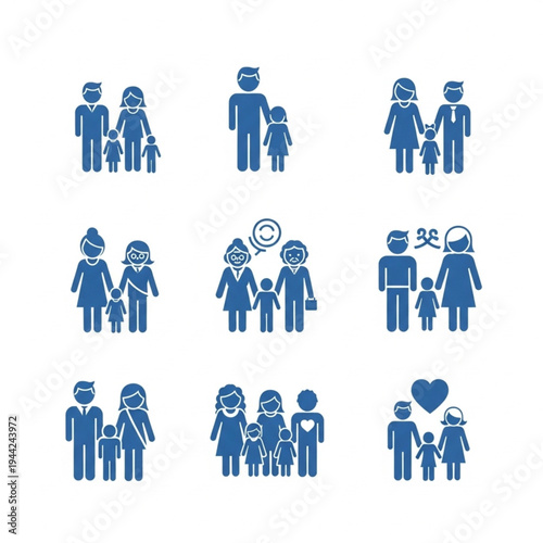 Family Members Icons Set Blue Silhouettes.