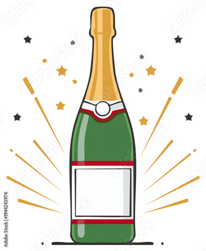 Vector illustration of a celebratory champagne bottle with sparklers and stars