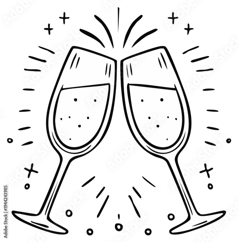 Two Clinking Champagne Flutes Sparkle with Celebration Bubbles and Radiating Lines