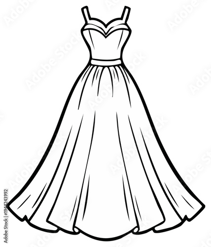 Elegant white outline of a flowing ball gown with delicate straps and a fitted bodice