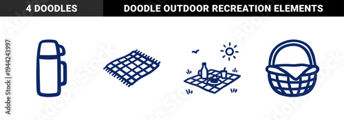 Outdoor picnic essentials in a thick line hand-drawn doodle style. Rustic navy blue monolinear illustrations of a blanket, thermos, and basket.