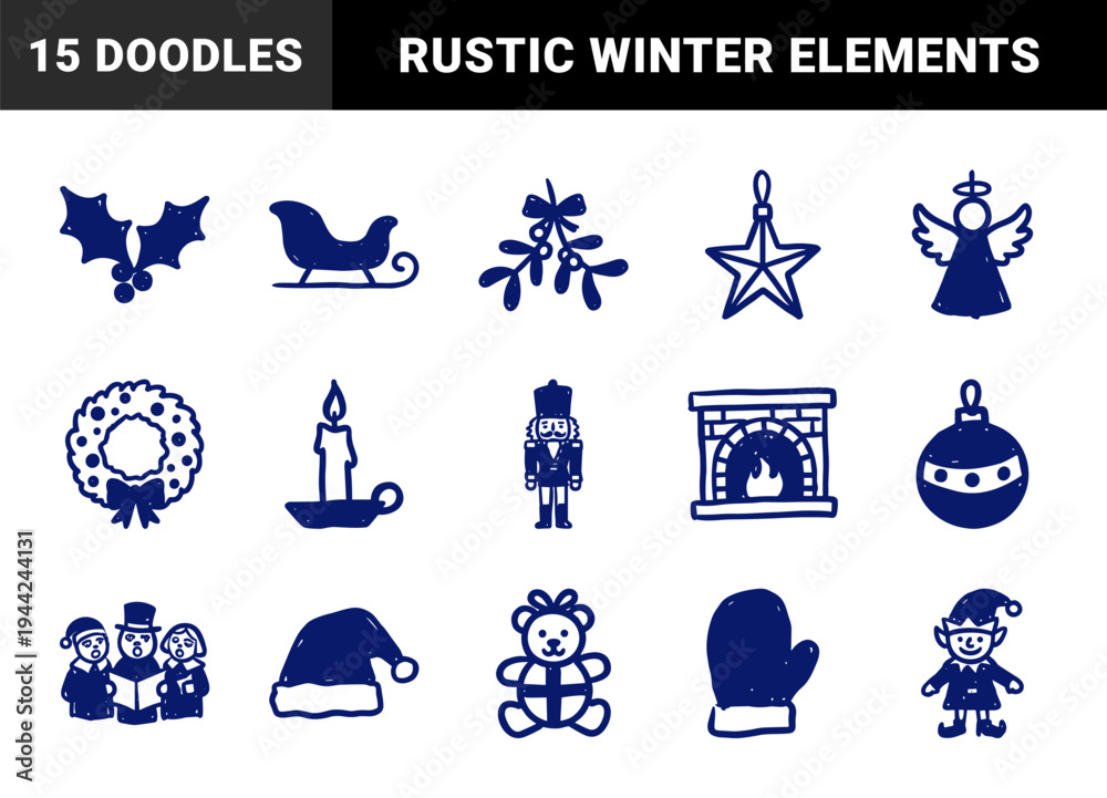 Obraz premium Hand-drawn Christmas holiday elements for seasonal branding. Rustic naive marker sketch illustrations featuring winter celebration motifs.
