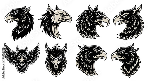 Collection of Majestic Griffin and Owl Head Illustrations.
