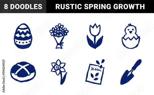 Hand-drawn spring and Easter gardening elements for organic branding. Rustic, naive marker sketch illustrations featuring seasonal floral and growth concepts.