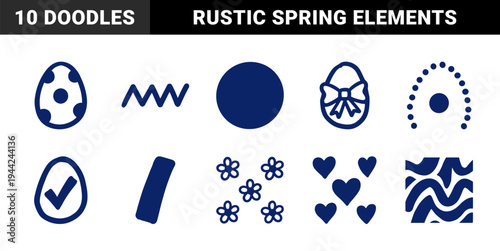 Hand-drawn Easter holiday and spring garden elements for organic branding. Naive marker sketch illustrations featuring festive eggs and floral motifs.