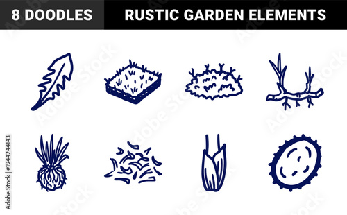 Hand-drawn botanical and garden elements featuring organic leaf, root, and sprout shapes in a rustic naive marker sketch style.