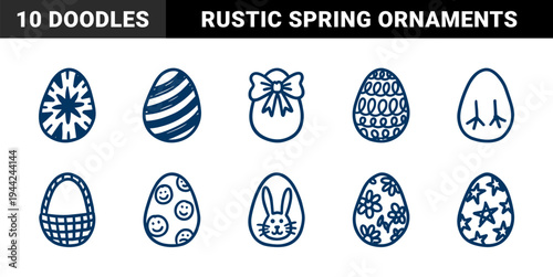 Hand-drawn Easter holiday ornaments with naive doodle aesthetic. Rustic marker sketch illustrations of decorated eggs, bunny, and spring basket.