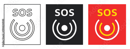 Modern SOS Distress Signal Icon Set in Black, White, Red Designs - Minimalist, flat icon, outline, glyph, linear, clipart, sticker - Vector icon set - Glyph icon
