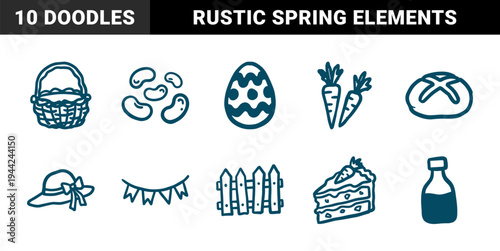 Rustic hand-drawn Easter and spring elements for organic brand identity. Naive marker sketch illustrations featuring holiday celebration concepts.