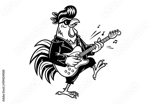 Rock and Roll Rooster Playing Electric Guitar Black and White Illustration.