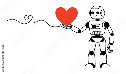 Friendly Robot Offers a Heart with a Whimsical Line Trail