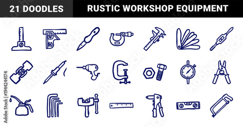 Hand-drawn industrial hardware and measurement tools for engineering branding. Rustic naive marker sketch illustrations featuring manual labor equipment.