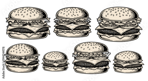 Collection of Hand Drawn Hamburgers in Various Sizes.