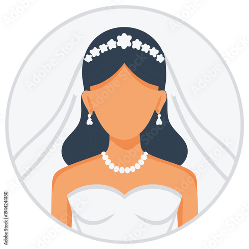 Elegant bride avatar in a wedding dress with veil, jewelry and flower crown for profile picture or wedding design use