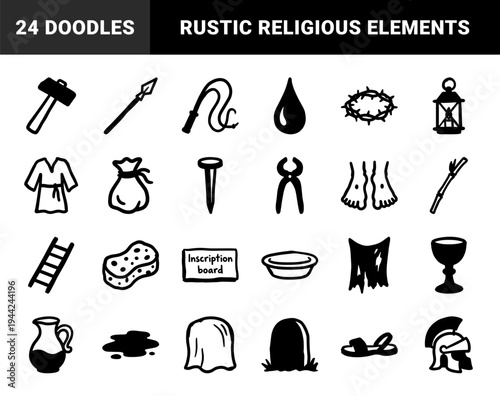 Religious Passion of Christ and Easter Week symbols for spiritual storytelling. Naive marker sketch illustrations featuring crucifixion and biblical elements.