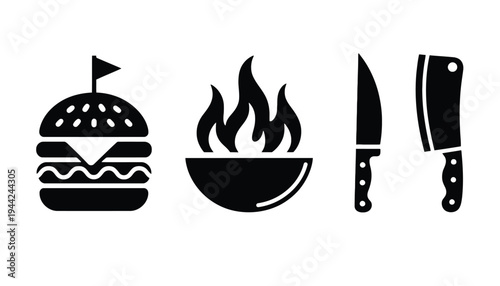 A set of black silhouette food icons including a hamburger and knife